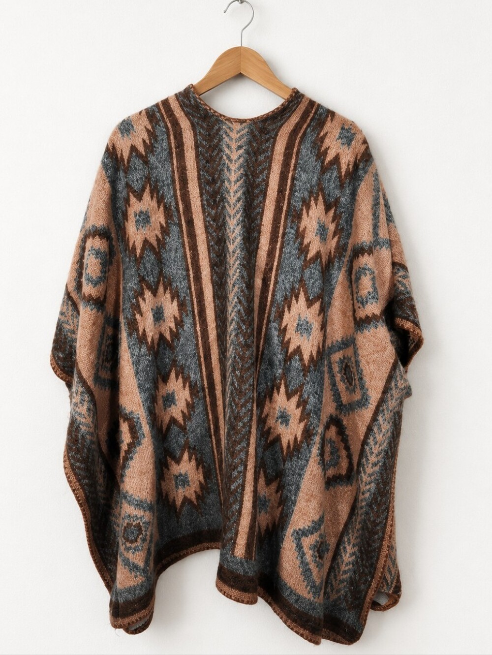 Geometric Aztec Open-Front Poncho in Rust and Gray - Picture 3 of 8